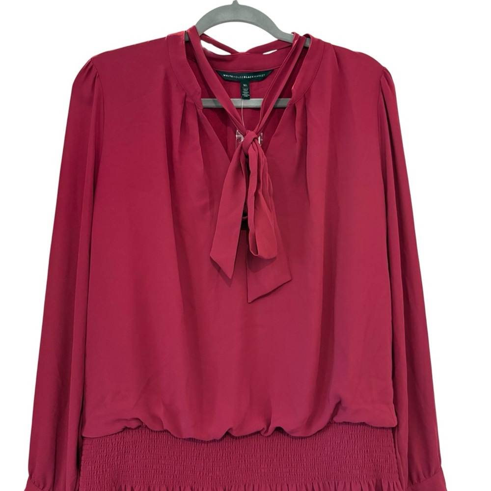 NWT, White House Black Market Tie Neck Blouson Dress in Red Plum, Sz XL - Picture 6 of 16